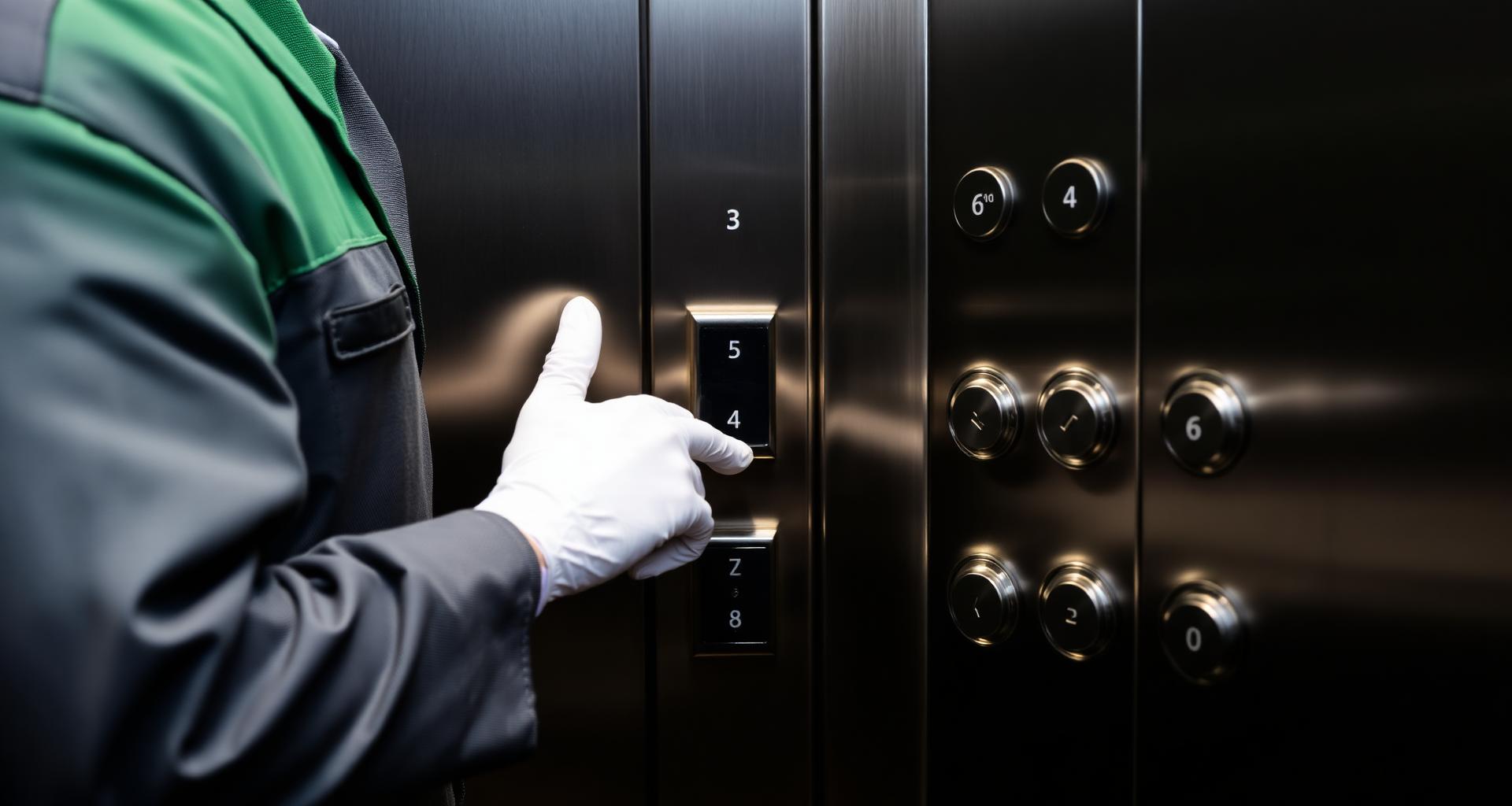 Technician pressing elevator buttons with white gloves