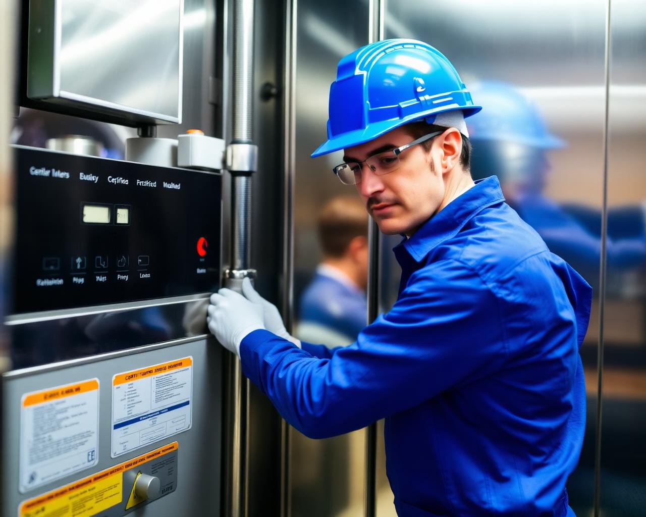 Technician servicing elevator